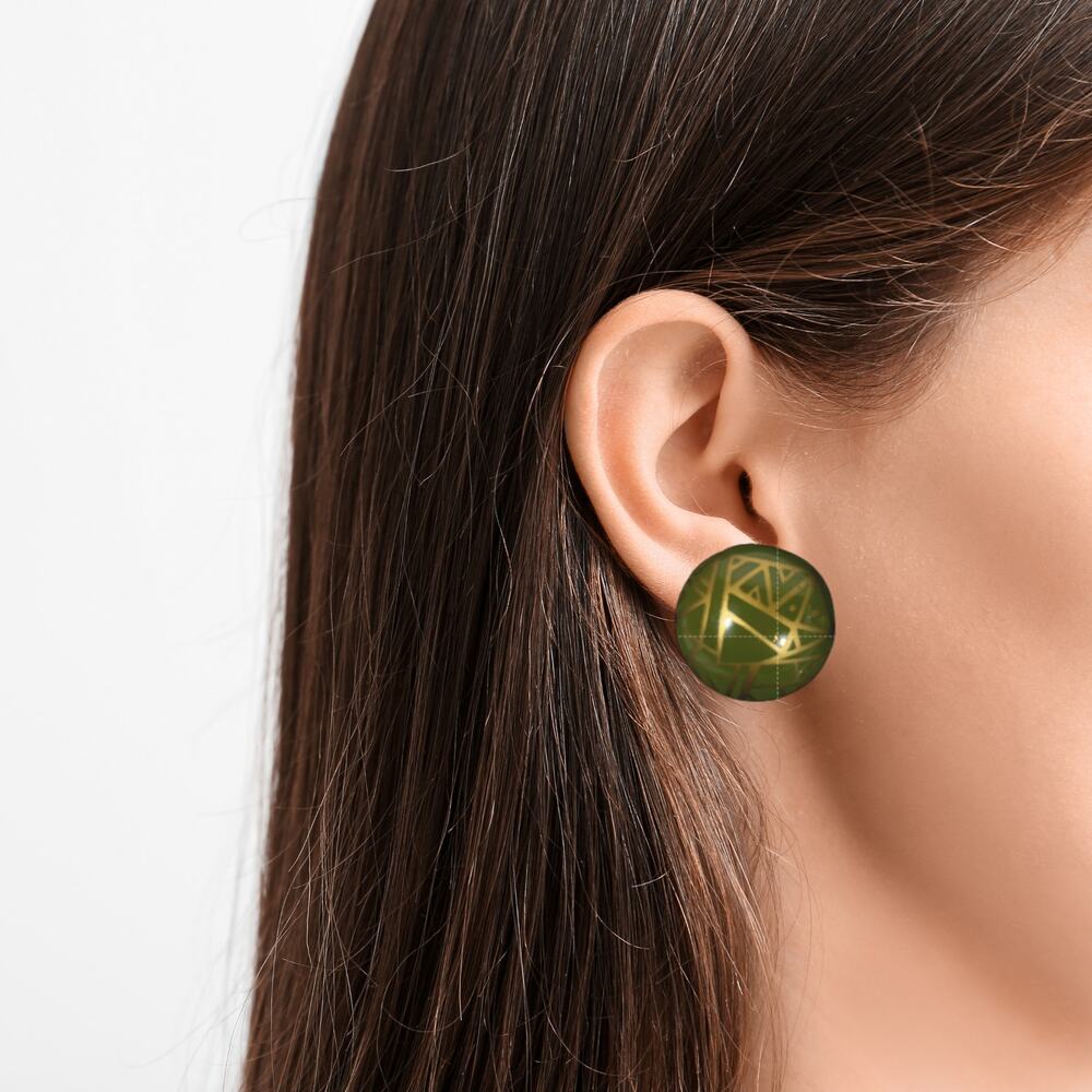 1980s Green and Gold Earrings, Painted Tribal Design, Round Dome Circle Pierced